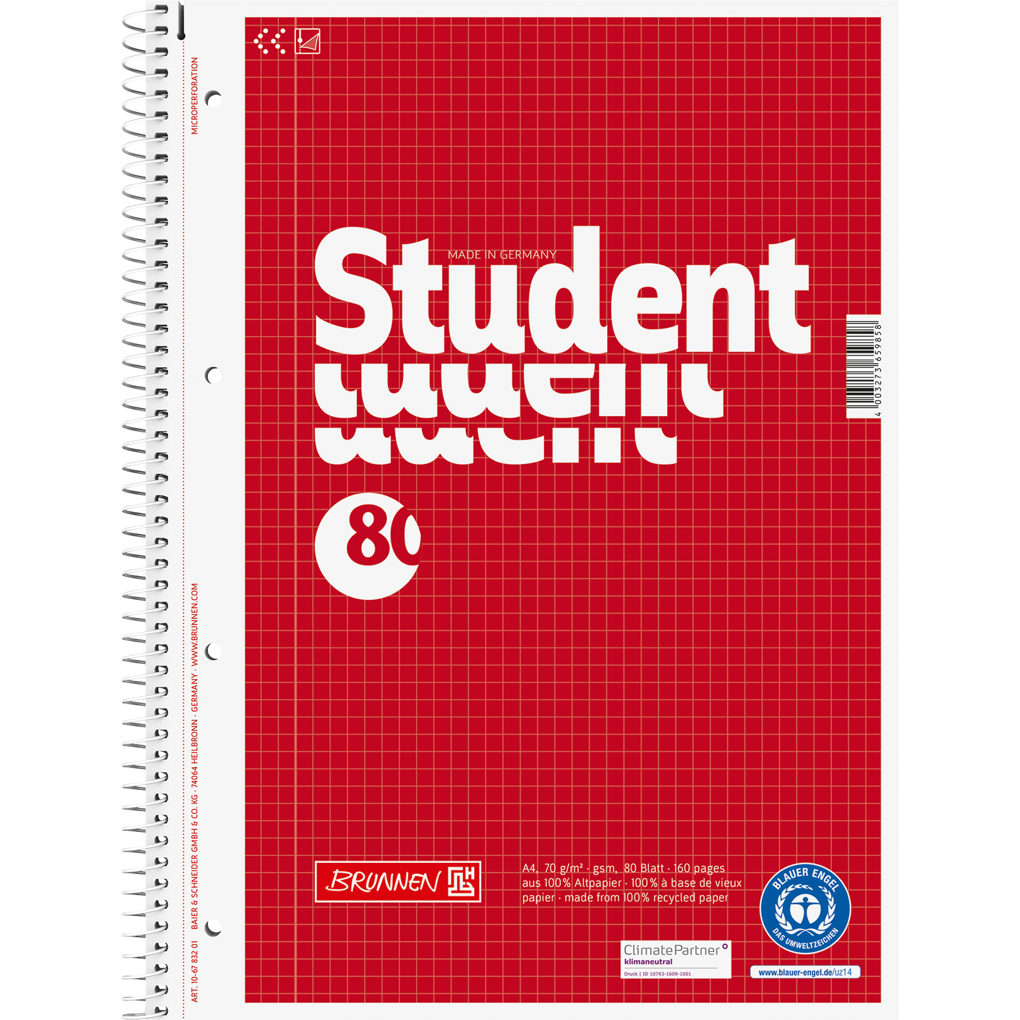 BRUNNEN Collegeblock Student Recycling DIN A4 kariert
