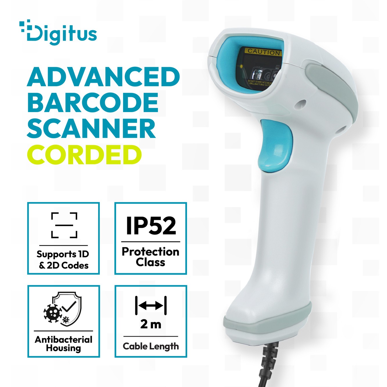 Digitus Barcodescanner 2D Advanced kabelgebunden USB/RS232 IP52 mit Halterung weiß/petrol DA-81006